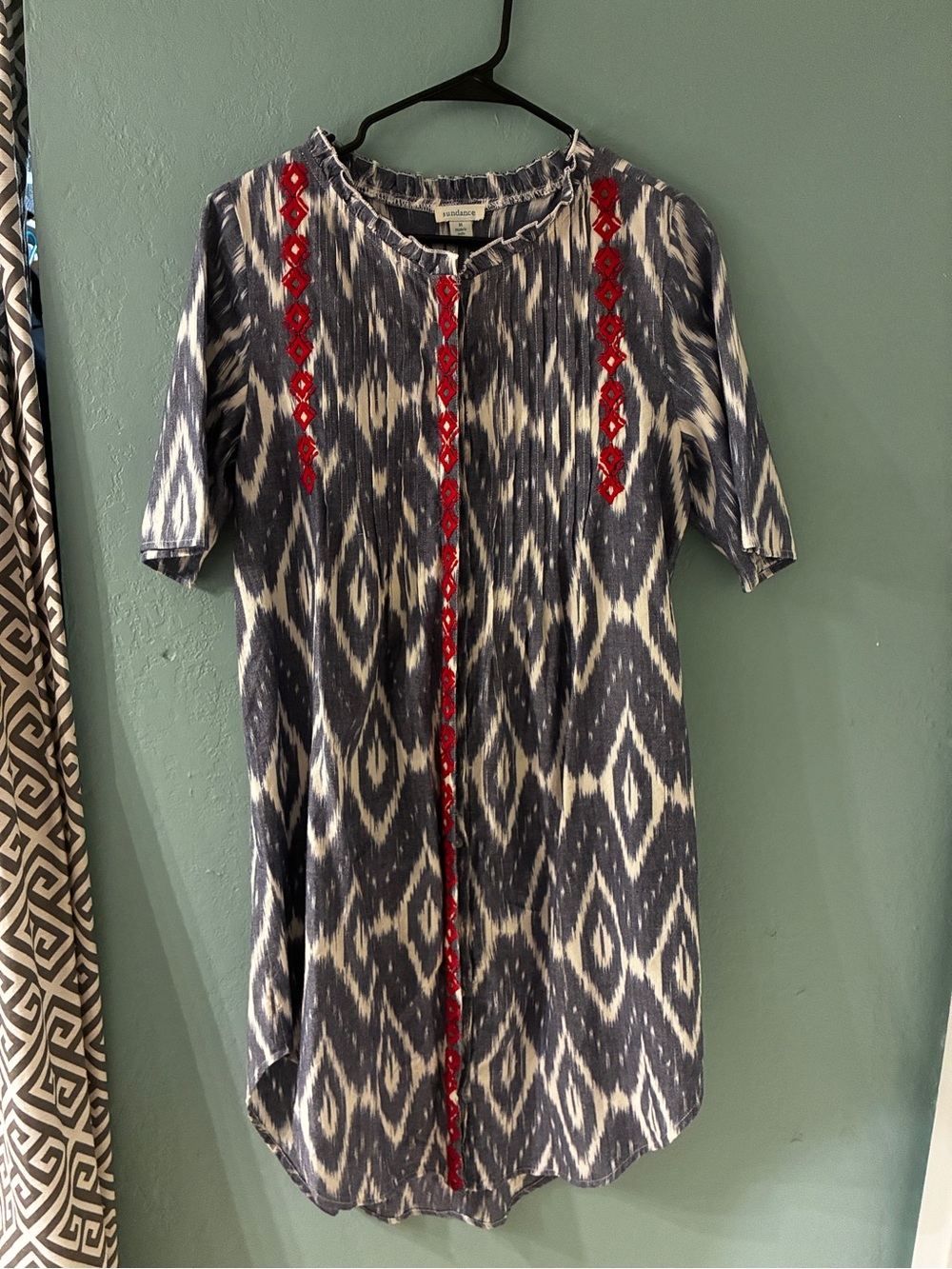 Sundance Blue and White Ikat Midi Dress with Red Embroidered Trim -size M